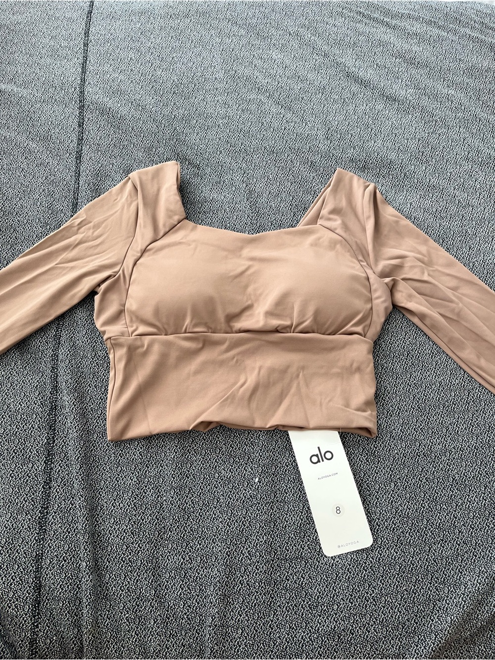 ALO Yoga Long Sleeve Square Neck Crop Top in Nude Beige